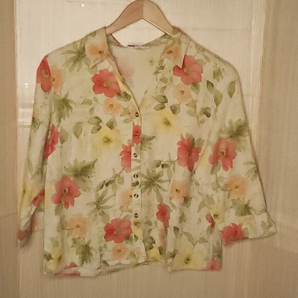JM Collection Womens Petite Floral Linen Button Down 14P - Picture 1 of 6